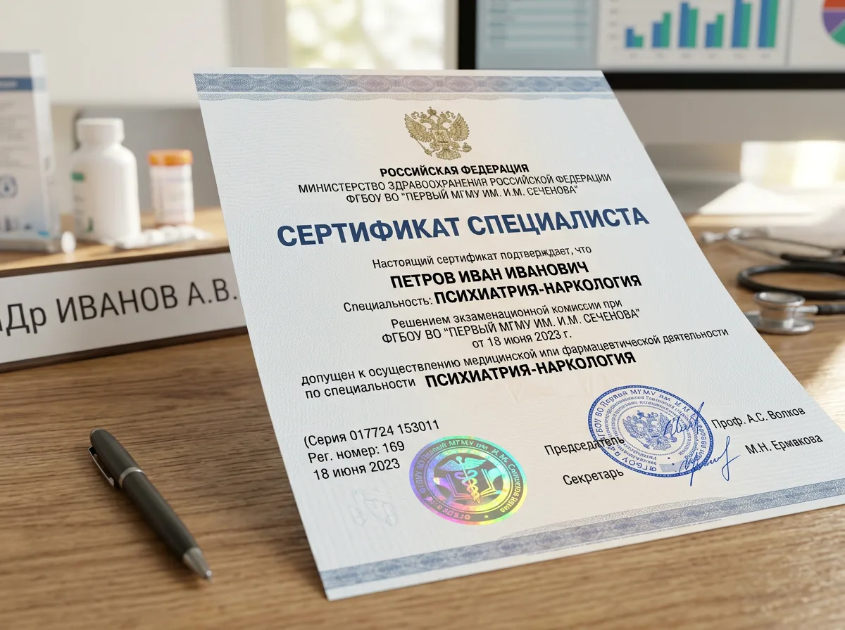 Сертификат специалиста врача-нарколога, документ с голографической наклейкой и печатью медицинского вуза