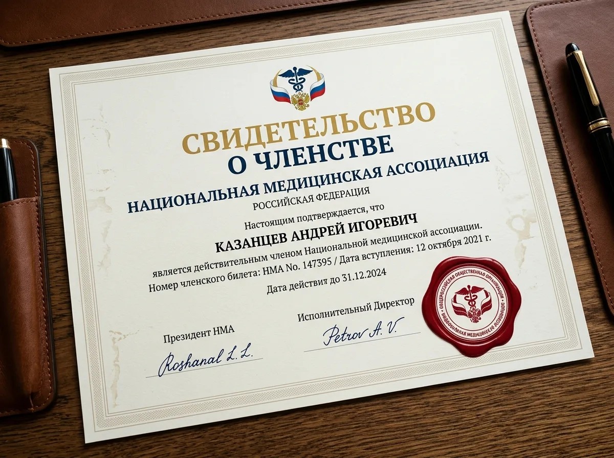 Свидетельство о членстве в Национальной медицинской ассоциации, официальный документ с подписями и печатью